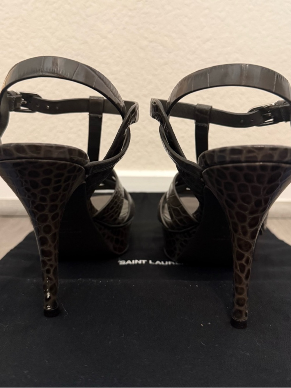 Saint Laurent Brown Taupe  Croc-Embossed Tribute Sandals 38.5 - Picture 4 of 11